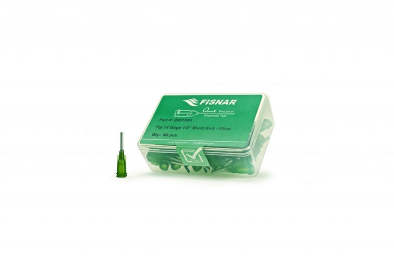 Fisnar Quantx Dispensing Tip, Blunt-End, 14G, 12.7mm, Luer Lock, OLIVE, Pack of 50