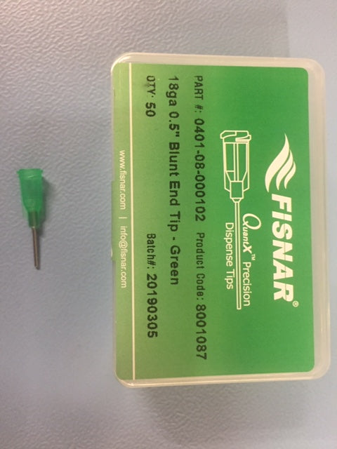 Fisnar Quantx Dispensing Tip, Blunt-End, 18G, 12.7mm, Luer Lock, GREEN, Pack of 50