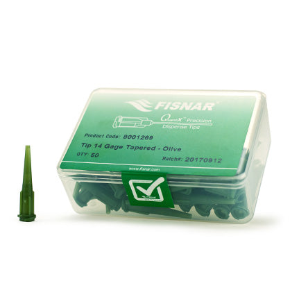 Fisnar Dispensing Tip, Tapered, 14G, 32mm, Luer Lock, OLIVE. Pack of 50