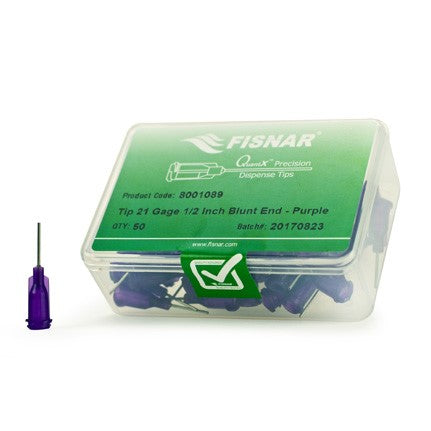 Fisnar Quantx Dispensing Tip, Blunt-End, 21G, 12.7mm, Luer Lock, PURPLE. Pack of 50