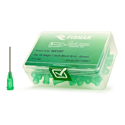 Fisnar Quantx Dispensing Tip, Blunt-End, 18G, 25.4mm, Luer Lock. GREEN. Pack of 50