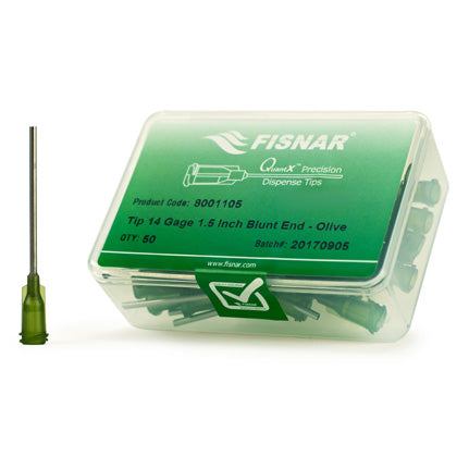 Fisnar Quantx Dispensing Tip, Blunt-End, 14G, 38.1mm, Luer Lock, OLIVE. Pack of 50