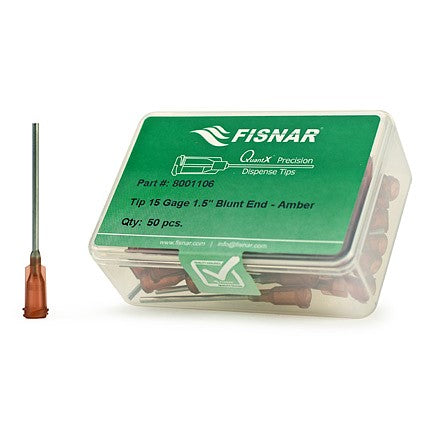 Fisnar Quantx Dispensing Tip, Blunt-End, 15G, 38.1mm, Luer Lock, AMBER. Pack of 50
