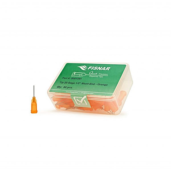 Fisnar Dispensing Tip, Blunt-End, 23G, 12.7mm, Luer Lock, Crimp Seal, ORANGE. Pack of 50