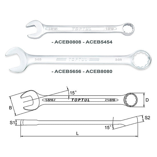 Toptul 1-7/8" SAE Combination Wrench 15° Offset Satin Chrome