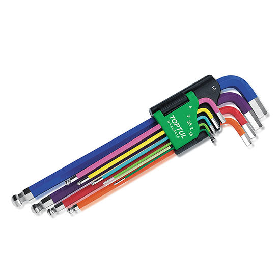 Toptul 9pcs Color-Ring Extra Long Type Ball Point Hex Key Wrench Set
