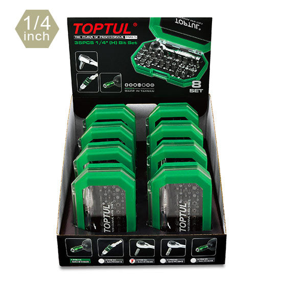Toptul 8 Sets 1/4" Hex Drive Mini Ratchet Bit Set with Display Box 35 Piece
